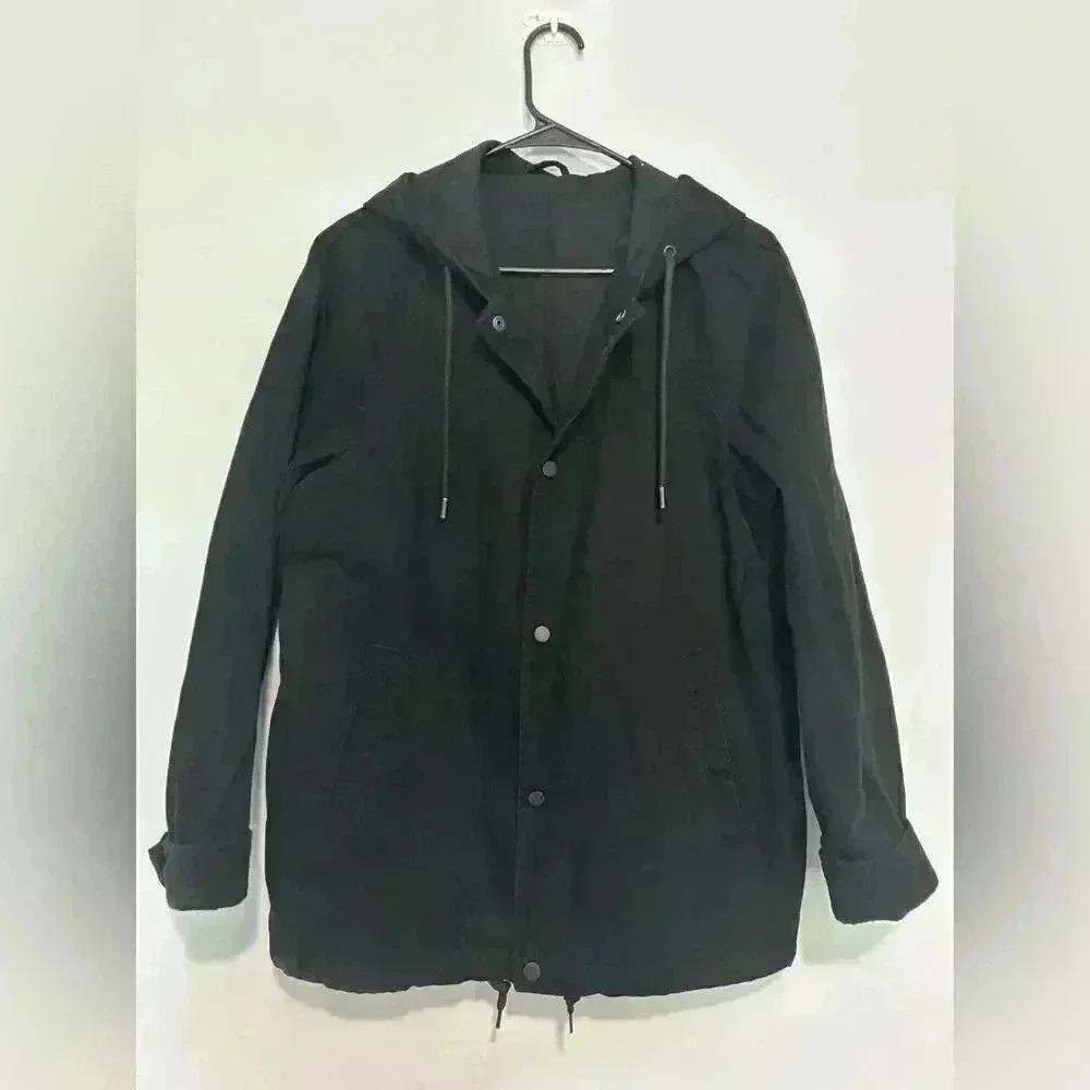 Zara Men Cotton Black Button Up Drawstring Hoodie jacket Size M With pockets